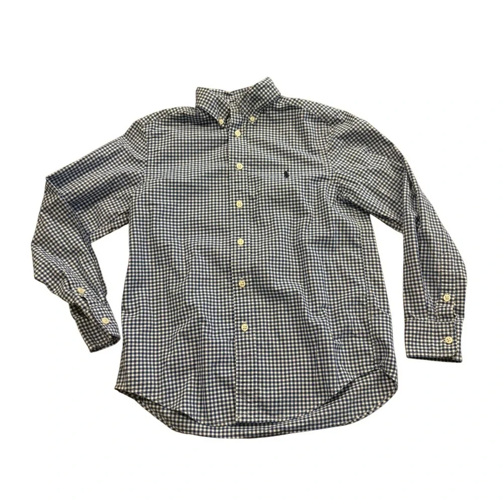 Ralph Lauren Boys Blue Gingham Check Button Down Shirt‎ Natural Stretch M 10-12